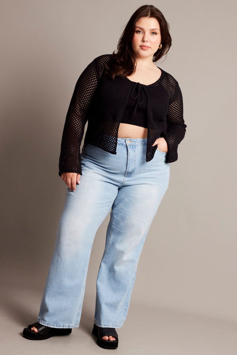 Black Crochet Cardigan Long Sleeve V-neck Tie Up - Image 2