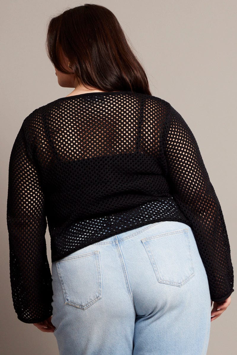 Black Crochet Cardigan Long Sleeve V-neck Tie Up - Image 5