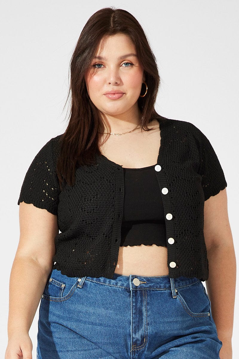 Black Crochet Knit Cardigan Short Sleeve - Image 3
