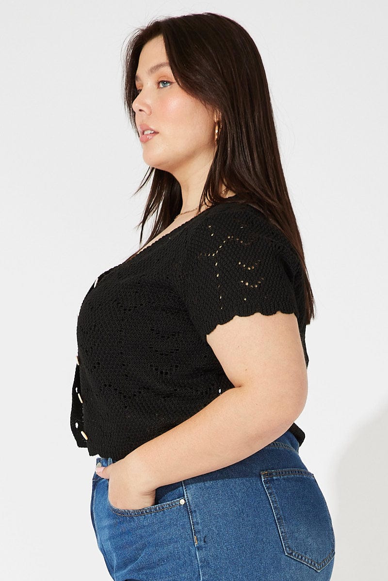 Black Crochet Knit Cardigan Short Sleeve - Image 4