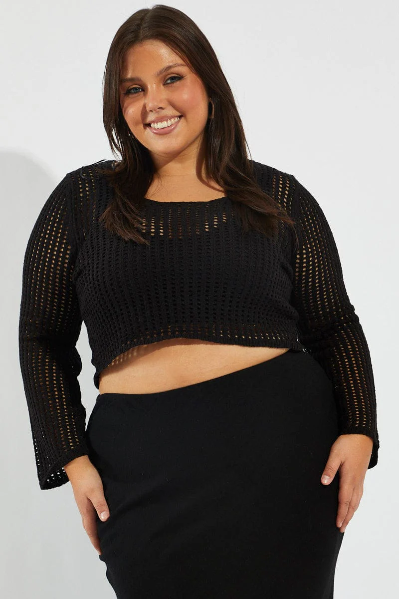 Black Crochet Knit Top Long Sleeve Scoop Neck