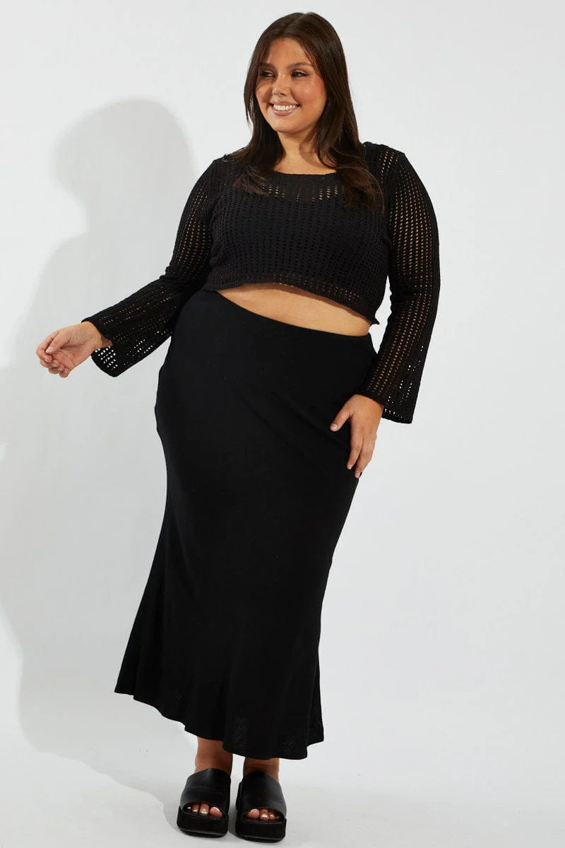Black Crochet Knit Top Long Sleeve Scoop Neck - Image 2
