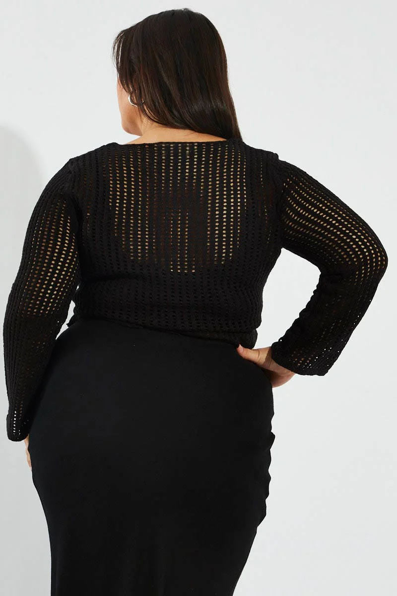 Black Crochet Knit Top Long Sleeve Scoop Neck - Image 5