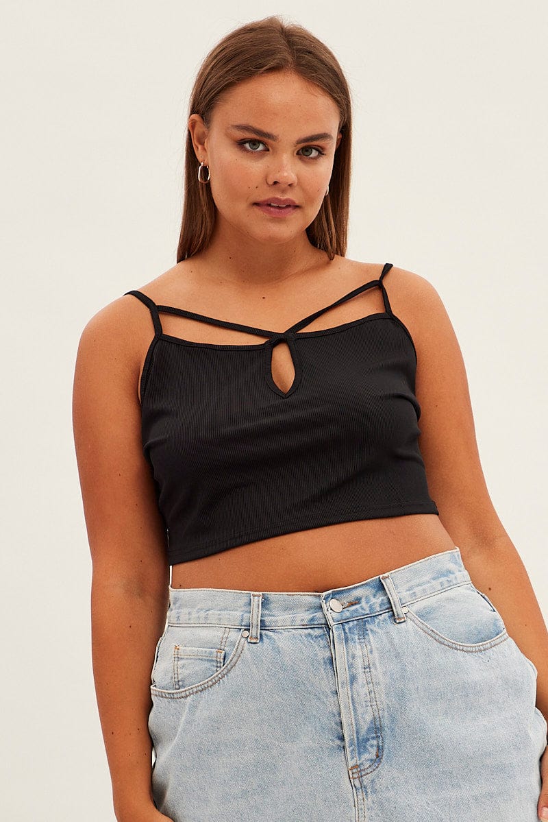Black Crop Singlet Sleeveless Strappy Cross Front Jersey