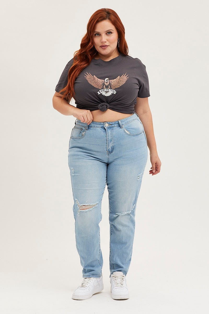 Black Crop T-shirt Eagle Crew Neck Short Sleeve Semi - Image 2