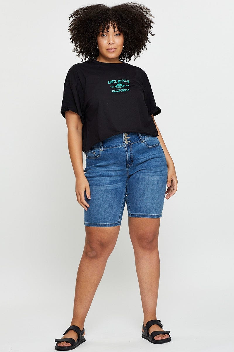 Black Crop T-shirt Santa Monica Short Sleeve Cotton Semi - Image 2