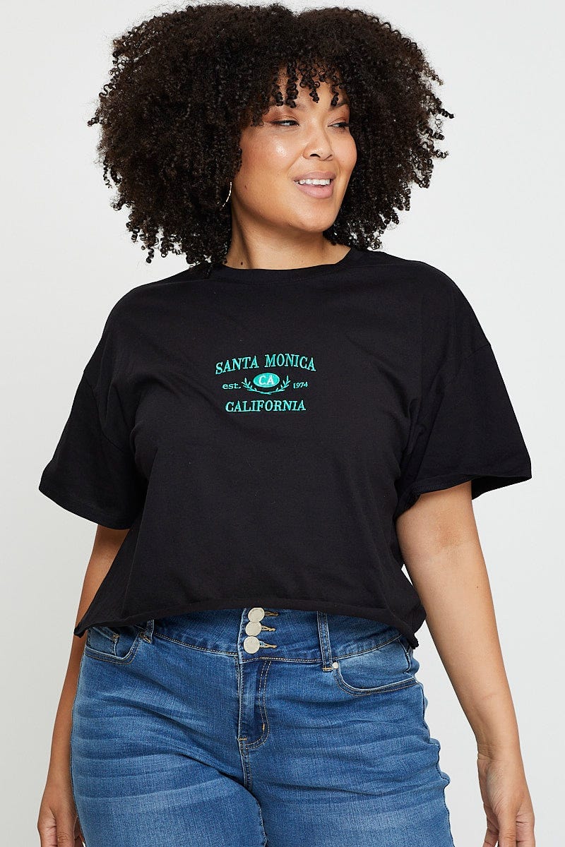 Black Crop T-shirt Santa Monica Short Sleeve Cotton Semi - Image 3