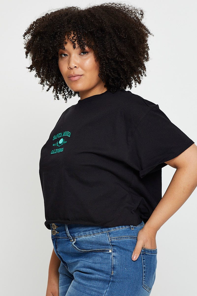 Black Crop T-shirt Santa Monica Short Sleeve Cotton Semi - Image 4