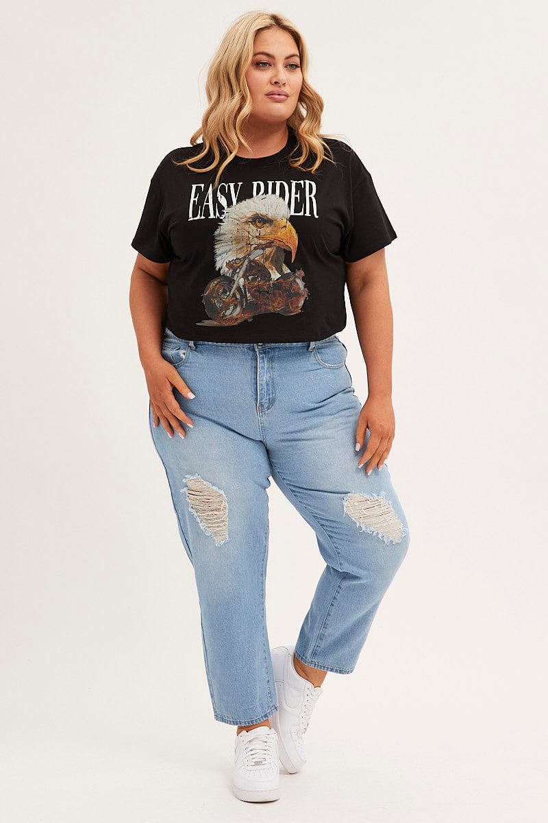 Black Crop T-shirt Short Sleeve Easy Rider Cotton - Image 2