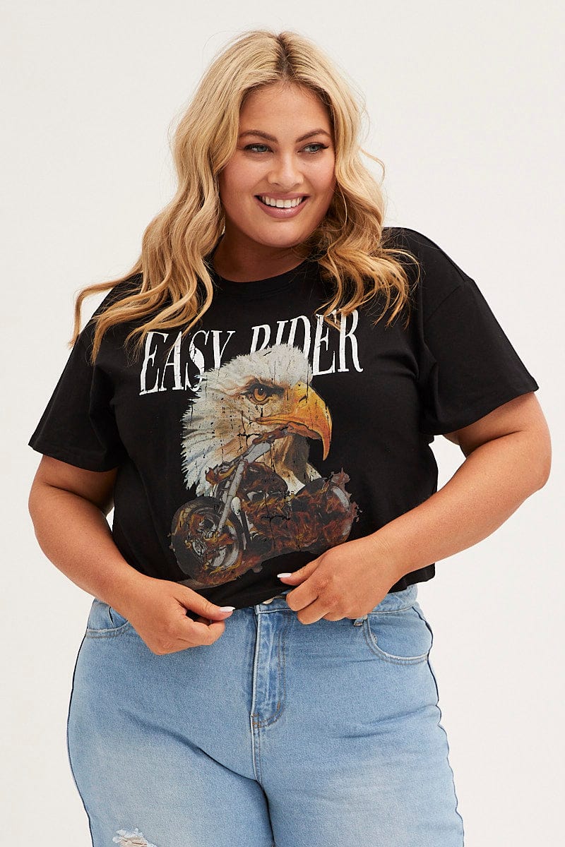 Black Crop T-shirt Short Sleeve Easy Rider Cotton - Image 3