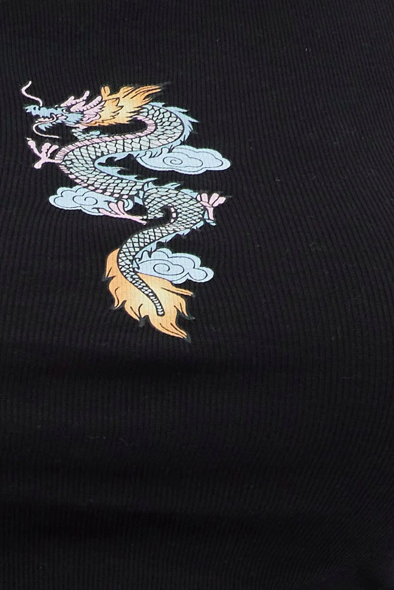 Black Crop Top Dragon Print Rib Short Sleeve - Image 6
