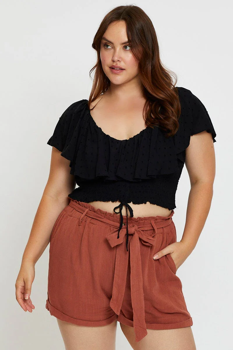 Black Crop Top Forest Short Sleeve Frill