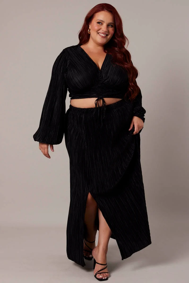 Black Crop Top Long Sleeve Plisse - Image 2