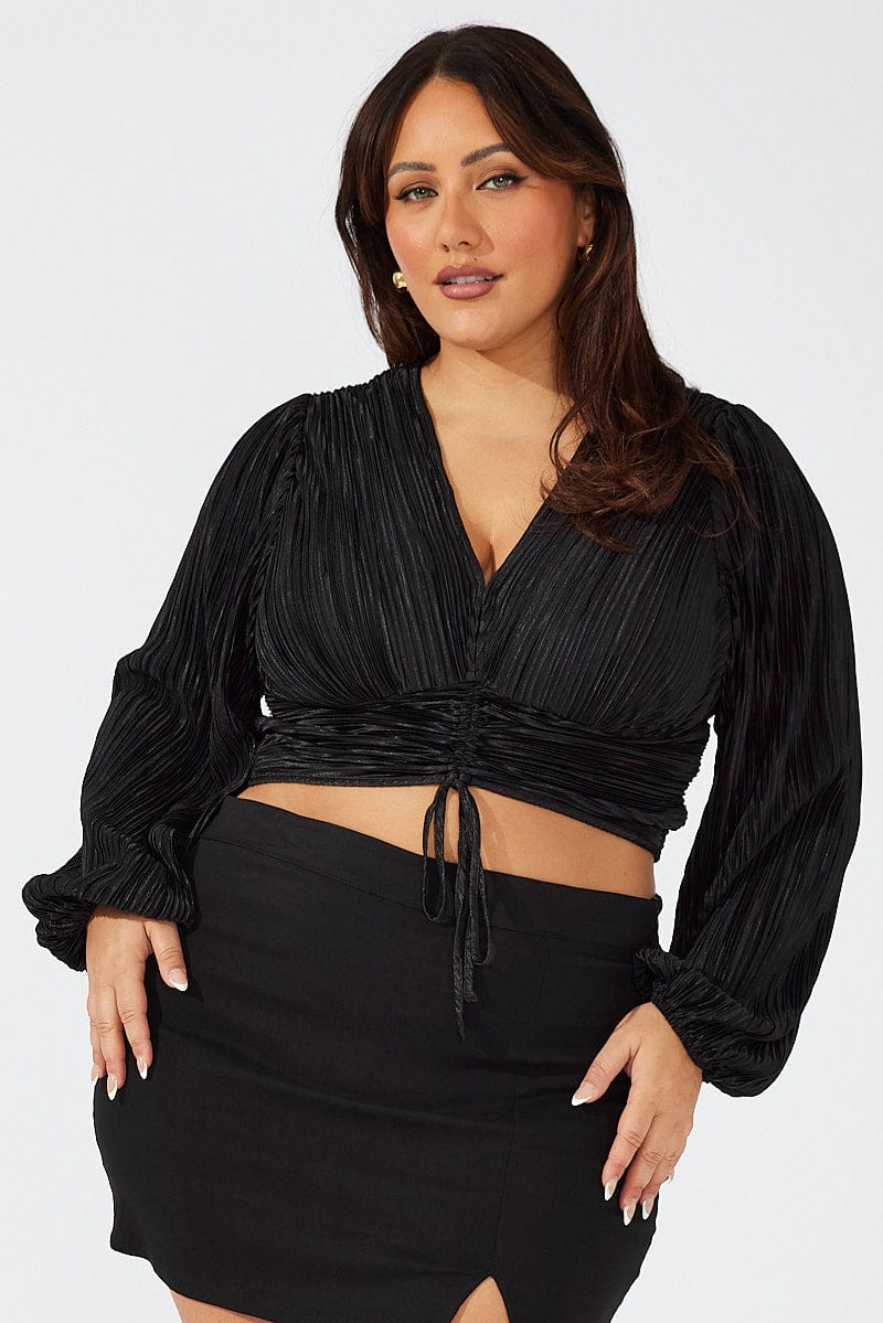 Black Crop Top Long Sleeve Ruched Plisse - Image 3