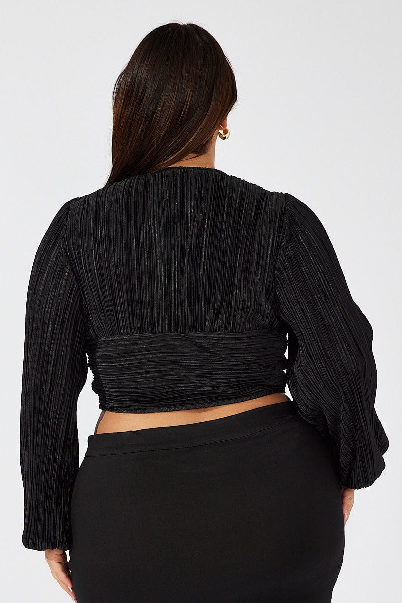Black Crop Top Long Sleeve Ruched Plisse - Image 5