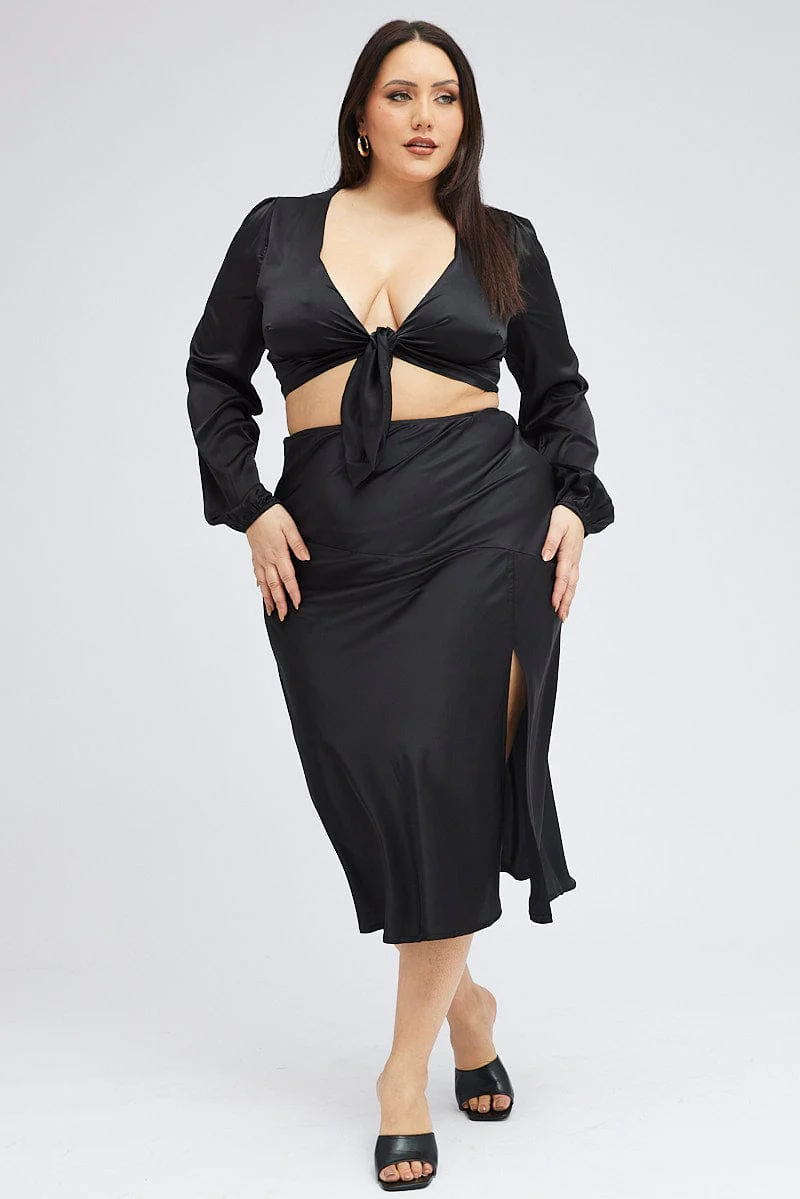 Black Crop Top Long Sleeve Tie Front Satin - Image 2