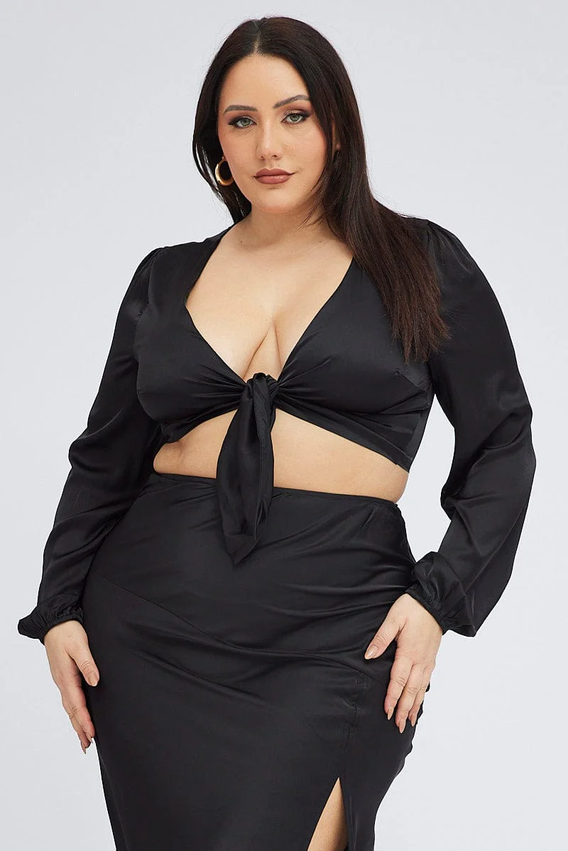 Black Crop Top Long Sleeve Tie Front Satin - Image 3