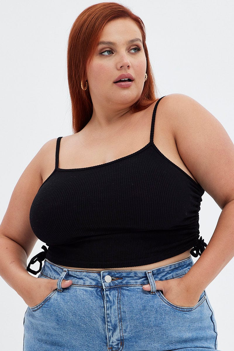 Black Crop Top Rib Jersey Drawstring Side - Image 3