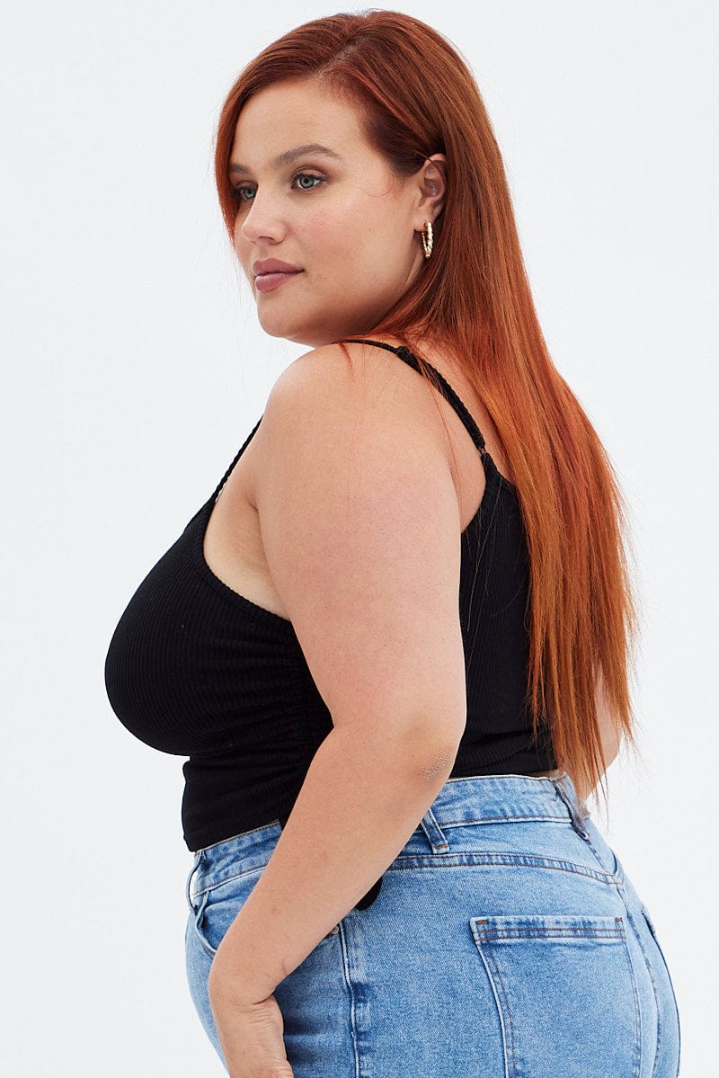 Black Crop Top Rib Jersey Drawstring Side - Image 4