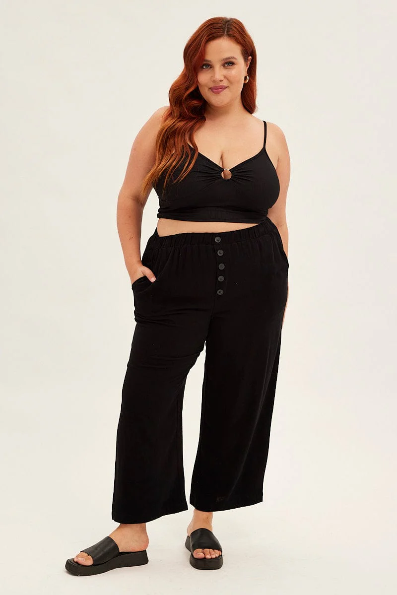 Black Crop Top Ring Detail Shoestring Strap Jersey - Image 2