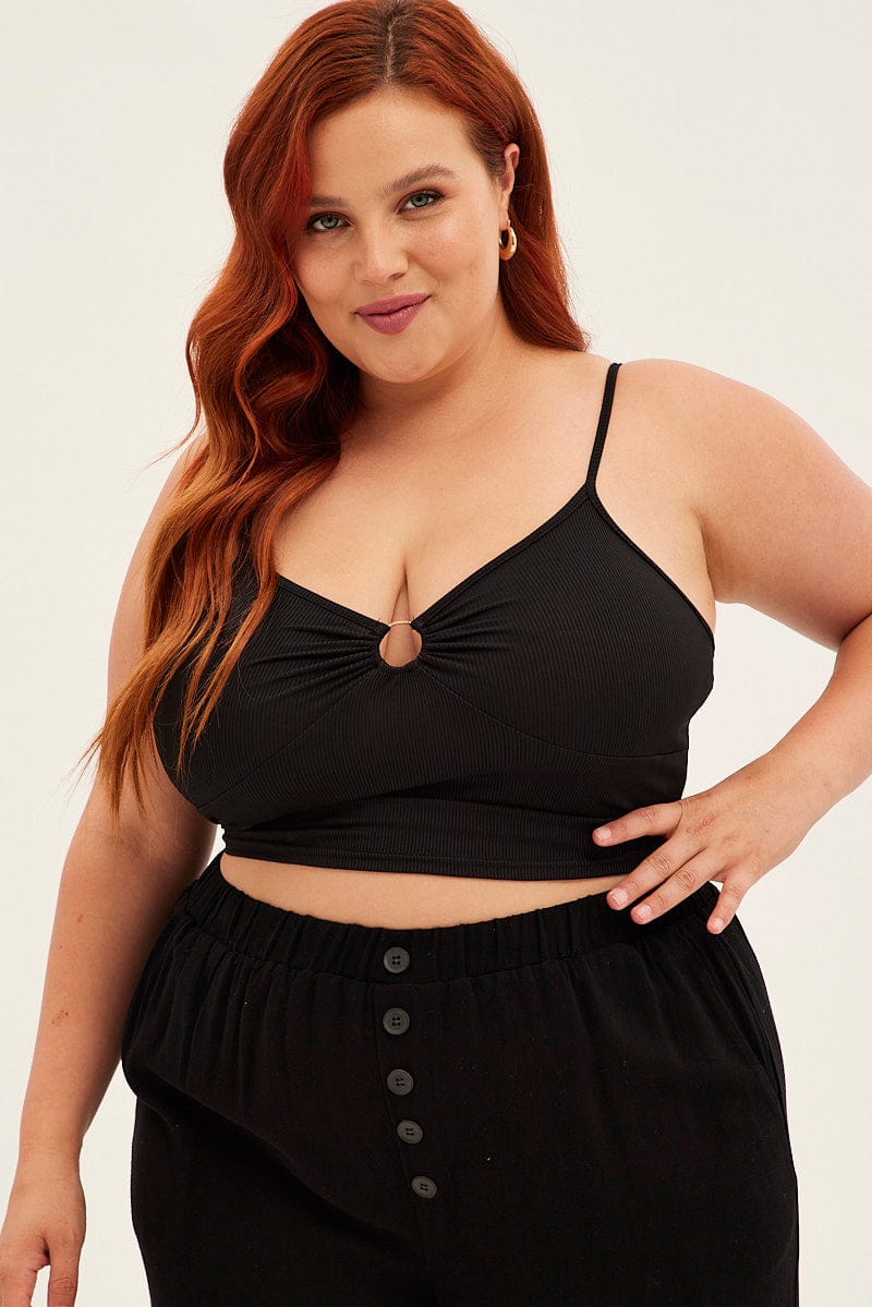 Black Crop Top Ring Detail Shoestring Strap Jersey - Image 3