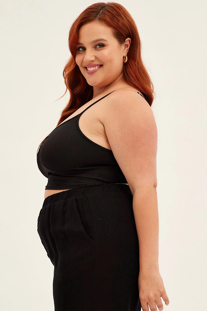 Black Crop Top Ring Detail Shoestring Strap Jersey - Image 4