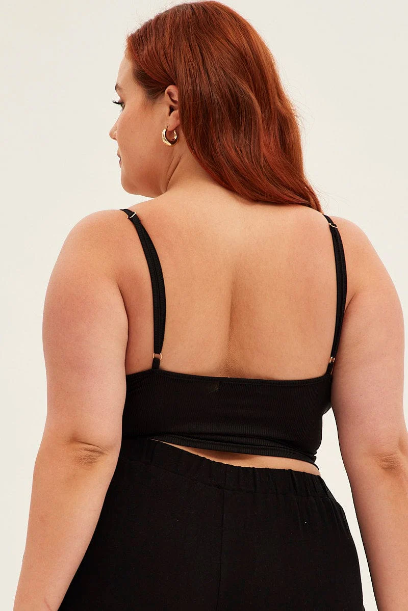 Black Crop Top Ring Detail Shoestring Strap Jersey - Image 5