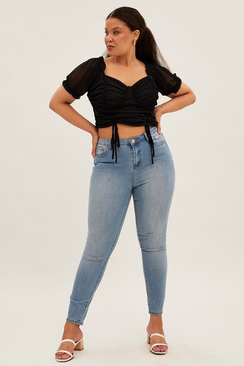 Black Crop Top Short Sleeve Mesh Ruched - Image 2