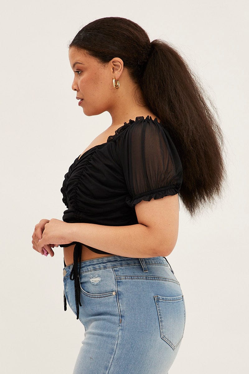 Black Crop Top Short Sleeve Mesh Ruched - Image 4