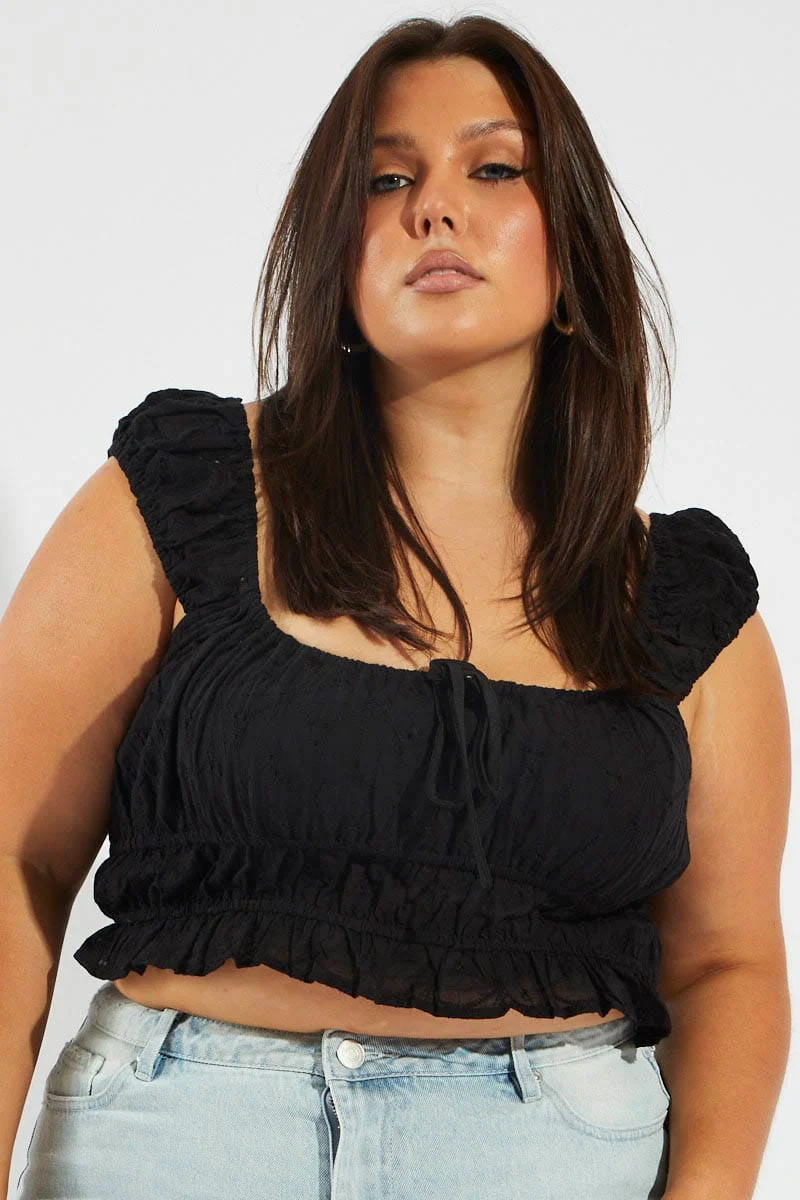 Black Crop Top Short Sleeve Ruched Broderie - Image 3