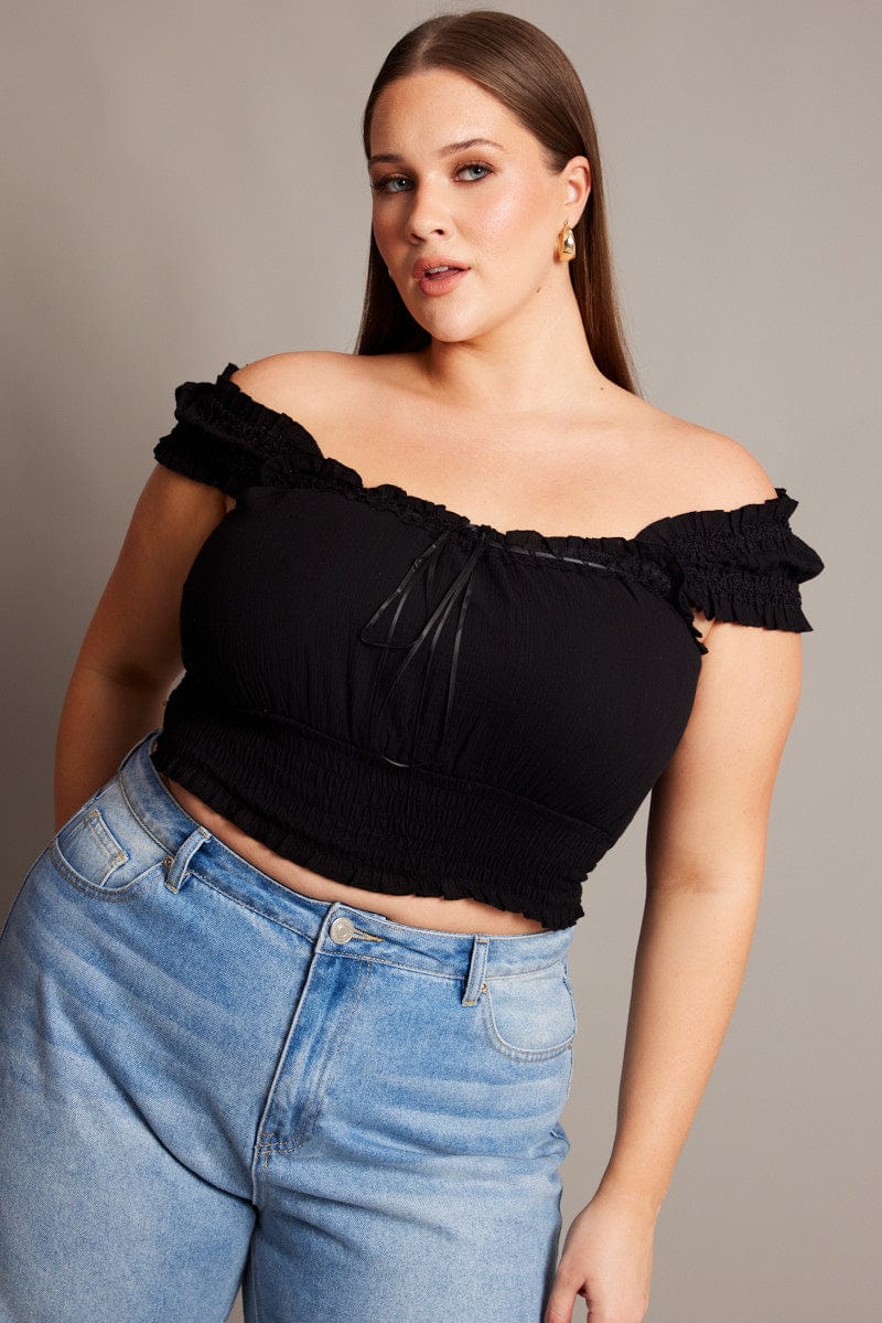 Black Crop Top Short Sleeve Shirred Waist