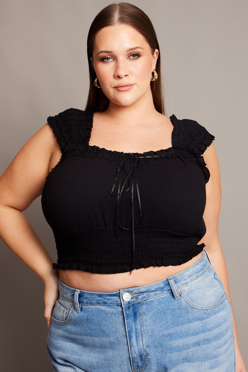 Black Crop Top Short Sleeve Shirred Waist - Image 3