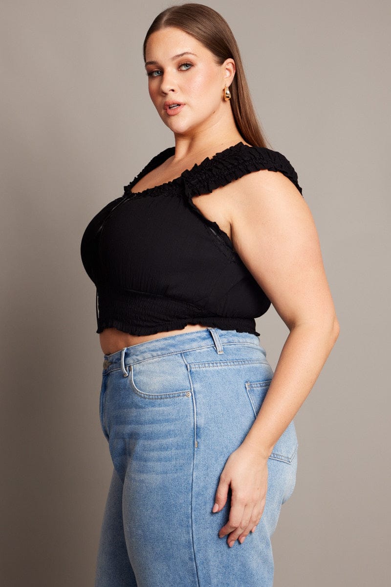Black Crop Top Short Sleeve Shirred Waist - Image 4