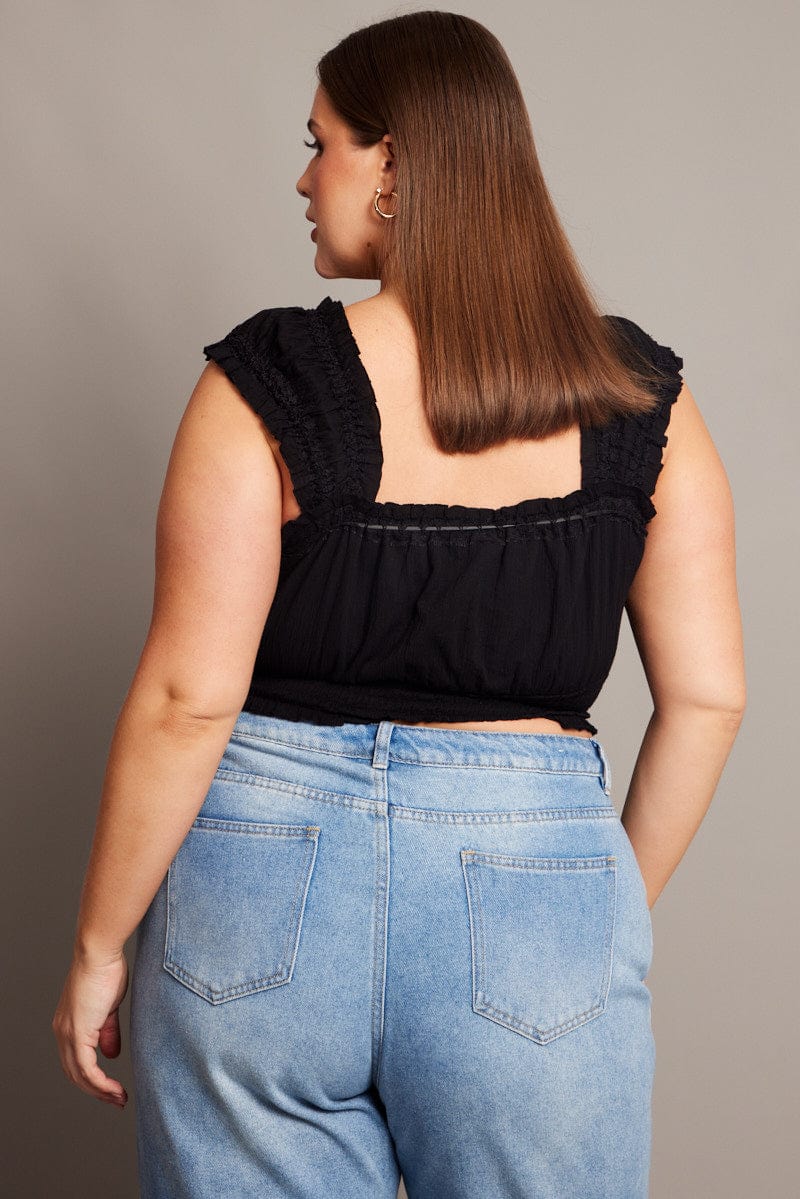 Black Crop Top Short Sleeve Shirred Waist - Image 5
