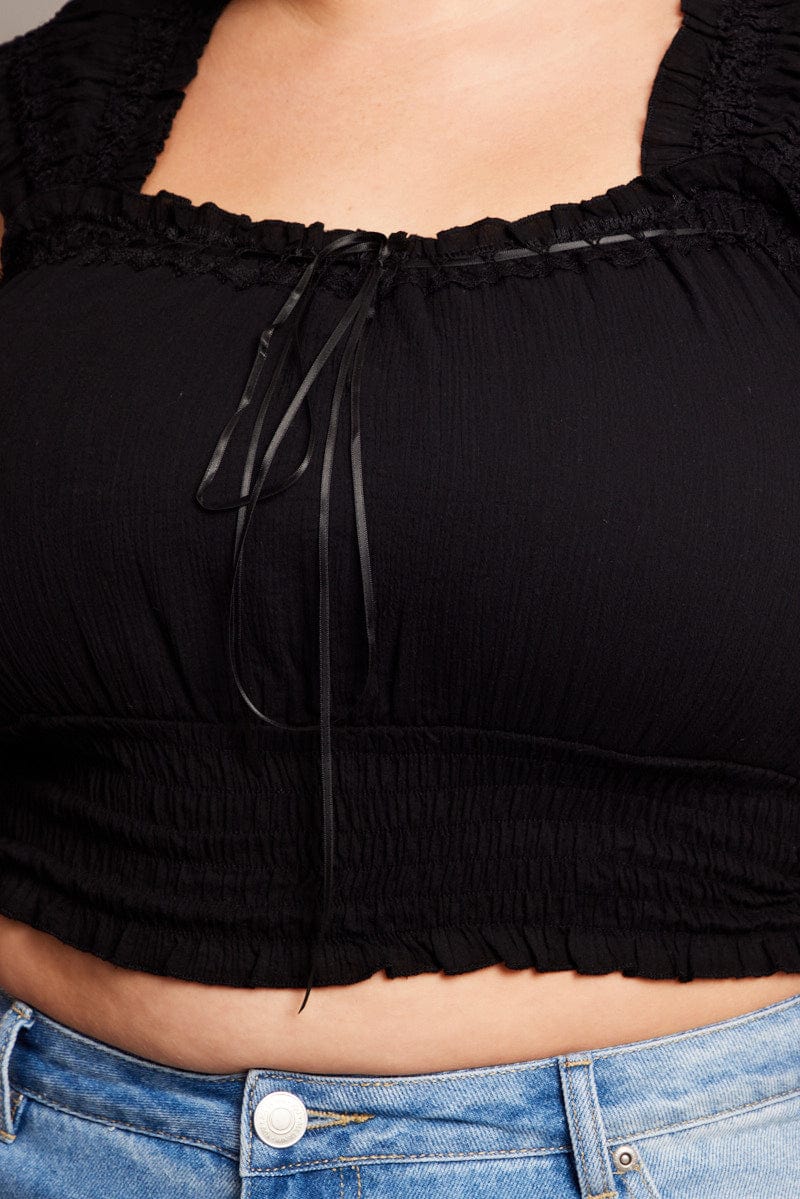 Black Crop Top Short Sleeve Shirred Waist - Image 6