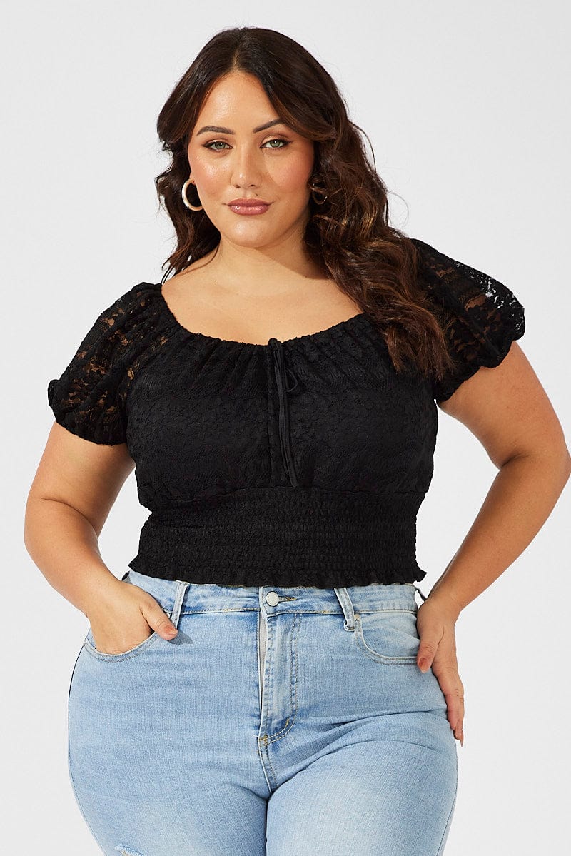 Black Crop Top Short Sleeve Shirred Waist Lace