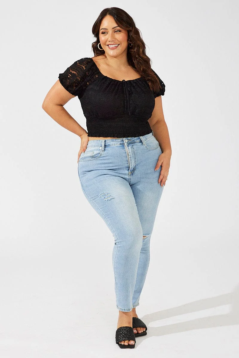 Black Crop Top Short Sleeve Shirred Waist Lace - Image 2