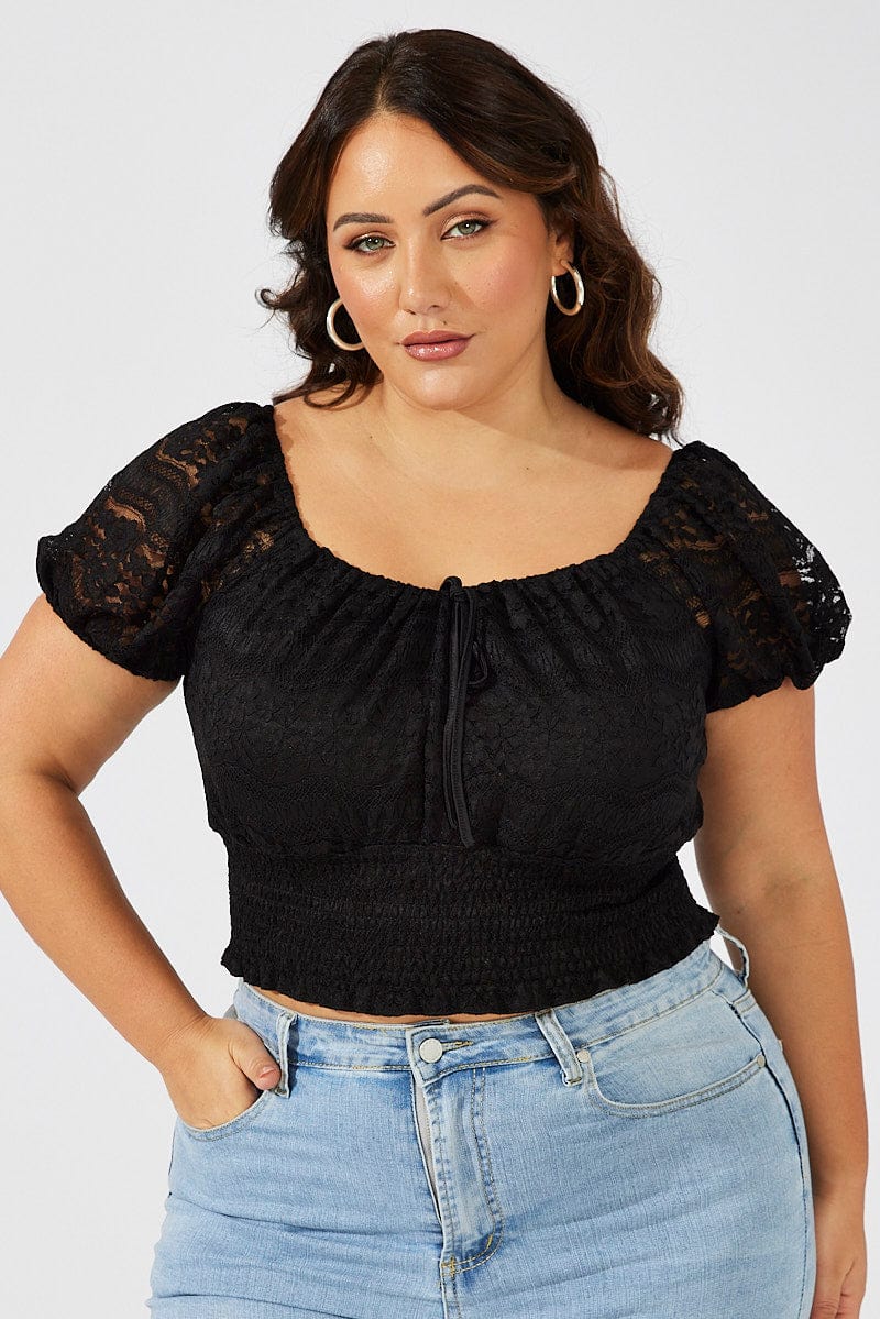 Black Crop Top Short Sleeve Shirred Waist Lace - Image 3