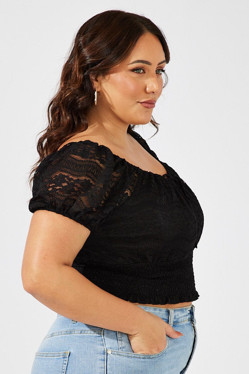 Black Crop Top Short Sleeve Shirred Waist Lace - Image 4
