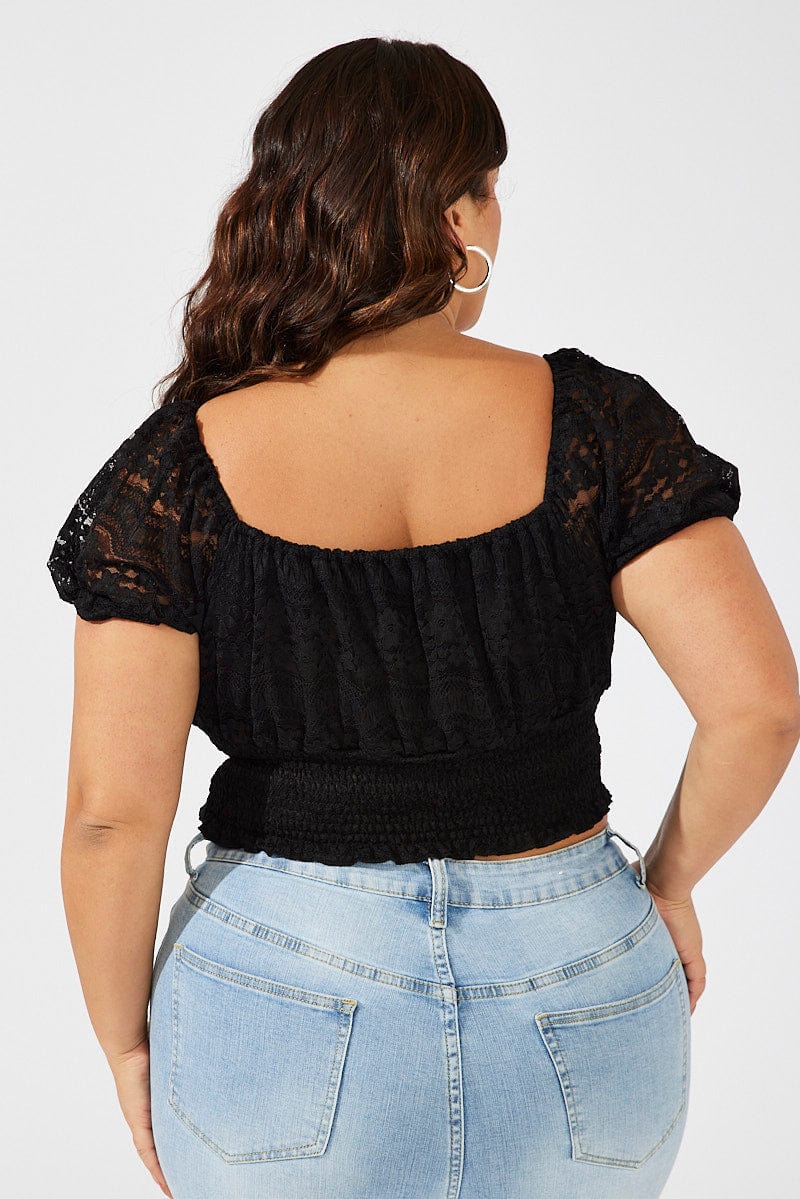 Black Crop Top Short Sleeve Shirred Waist Lace - Image 5