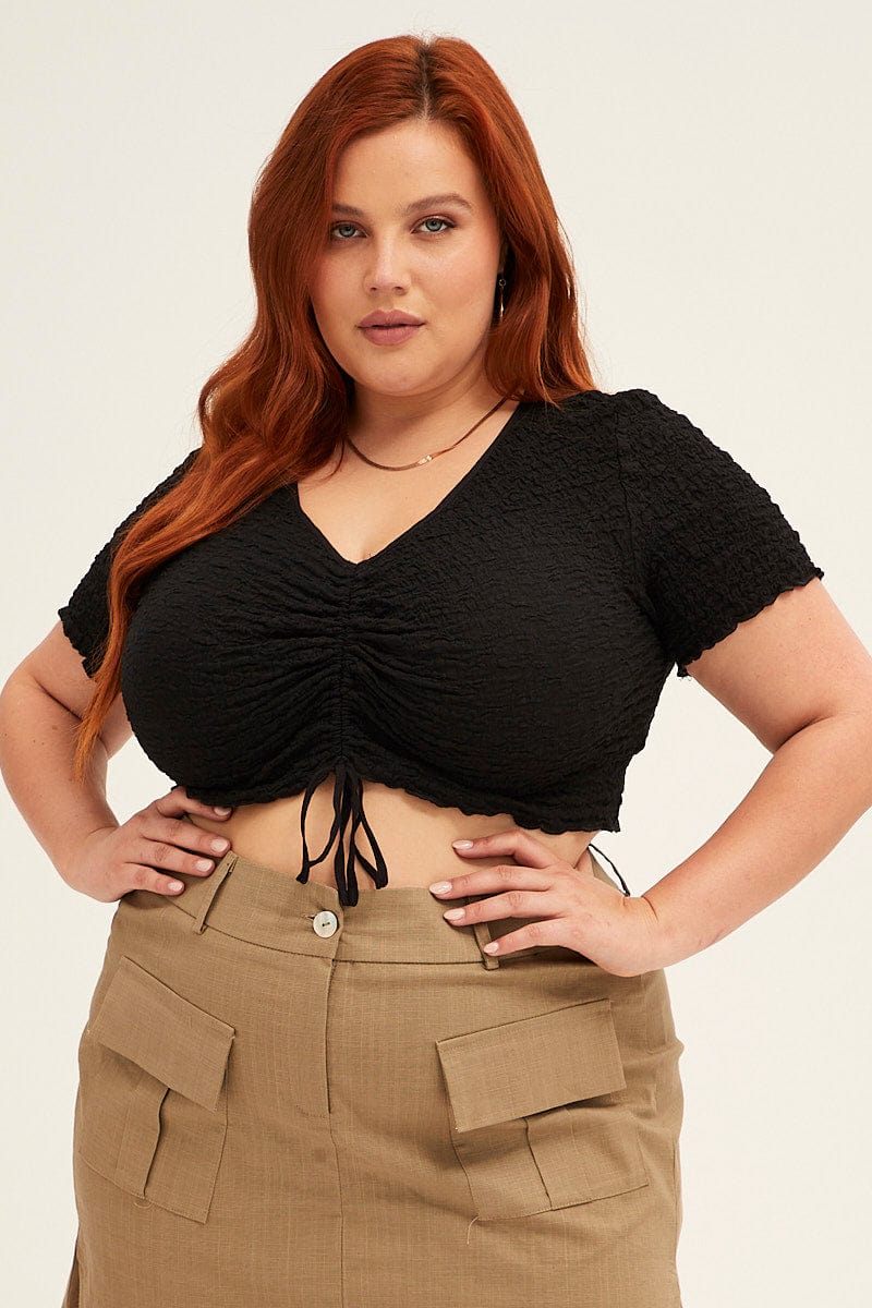 Black Crop Top Short Sleeve Textured Lace Drawstring - Image 3