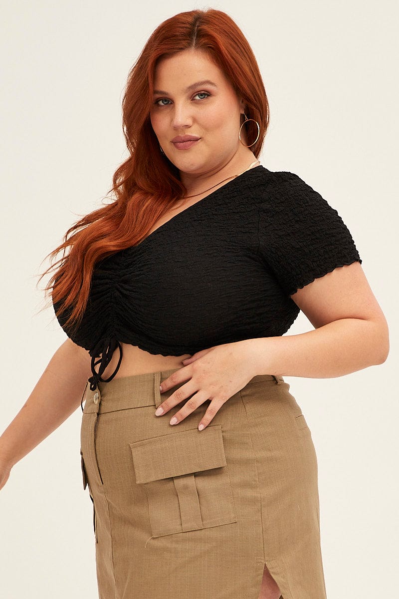Black Crop Top Short Sleeve Textured Lace Drawstring - Image 4