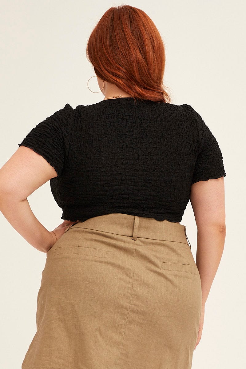 Black Crop Top Short Sleeve Textured Lace Drawstring - Image 5