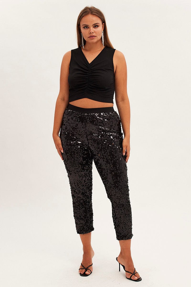 Black Crop Top Sleeveless Gather Front Jersey - Image 2