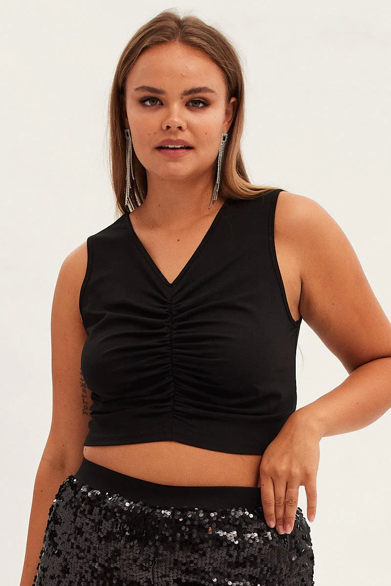 Black Crop Top Sleeveless Gather Front Jersey - Image 3