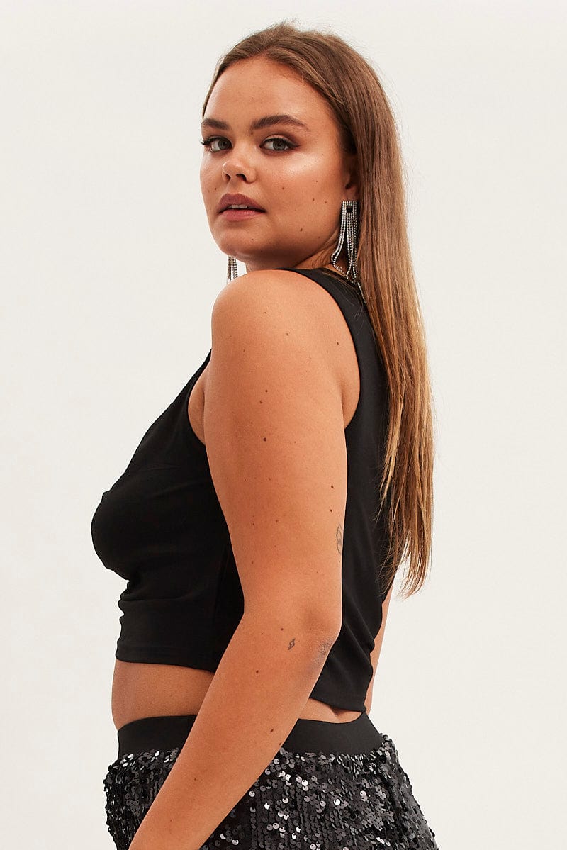 Black Crop Top Sleeveless Gather Front Jersey - Image 4