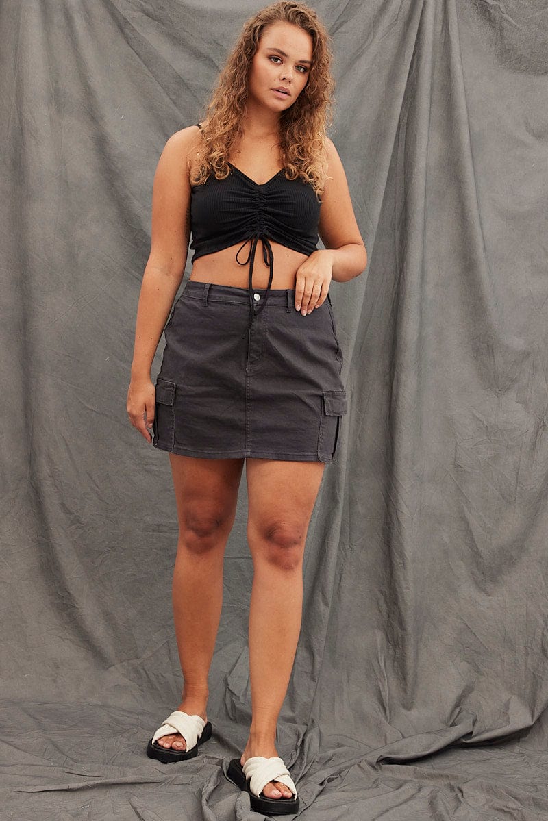Black Crop Top Sleeveless Rib Jersey Drawstring - Image 2