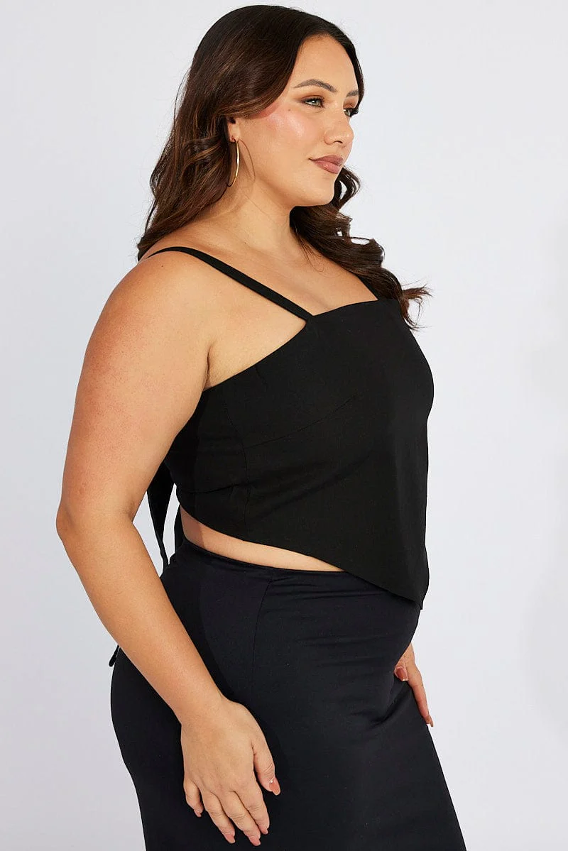 Black Crop Top Sleeveless Tie Back Scarf Linen Viscose - Image 4