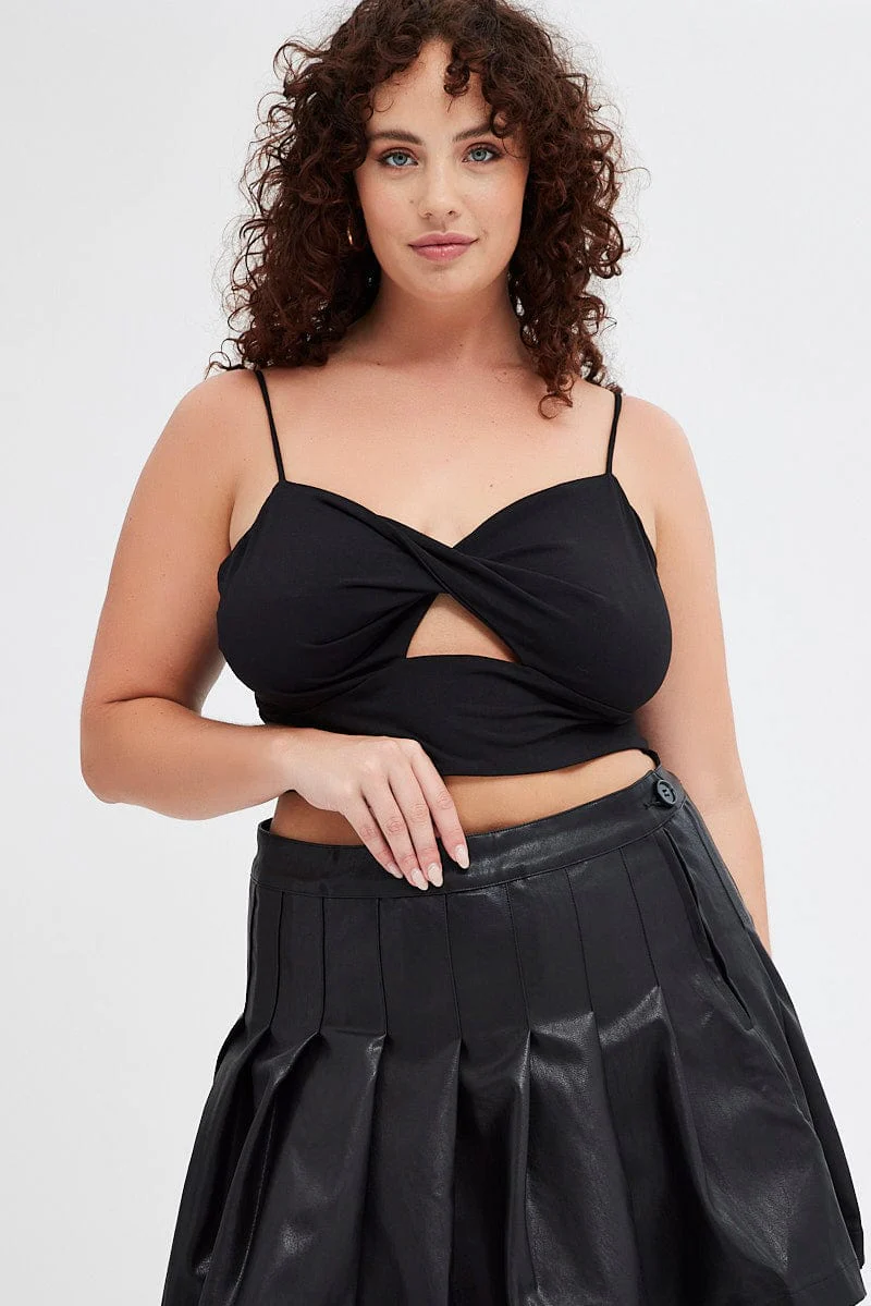 Black Crop Top Twist Front Jersey Shoestring Strap - Image 3