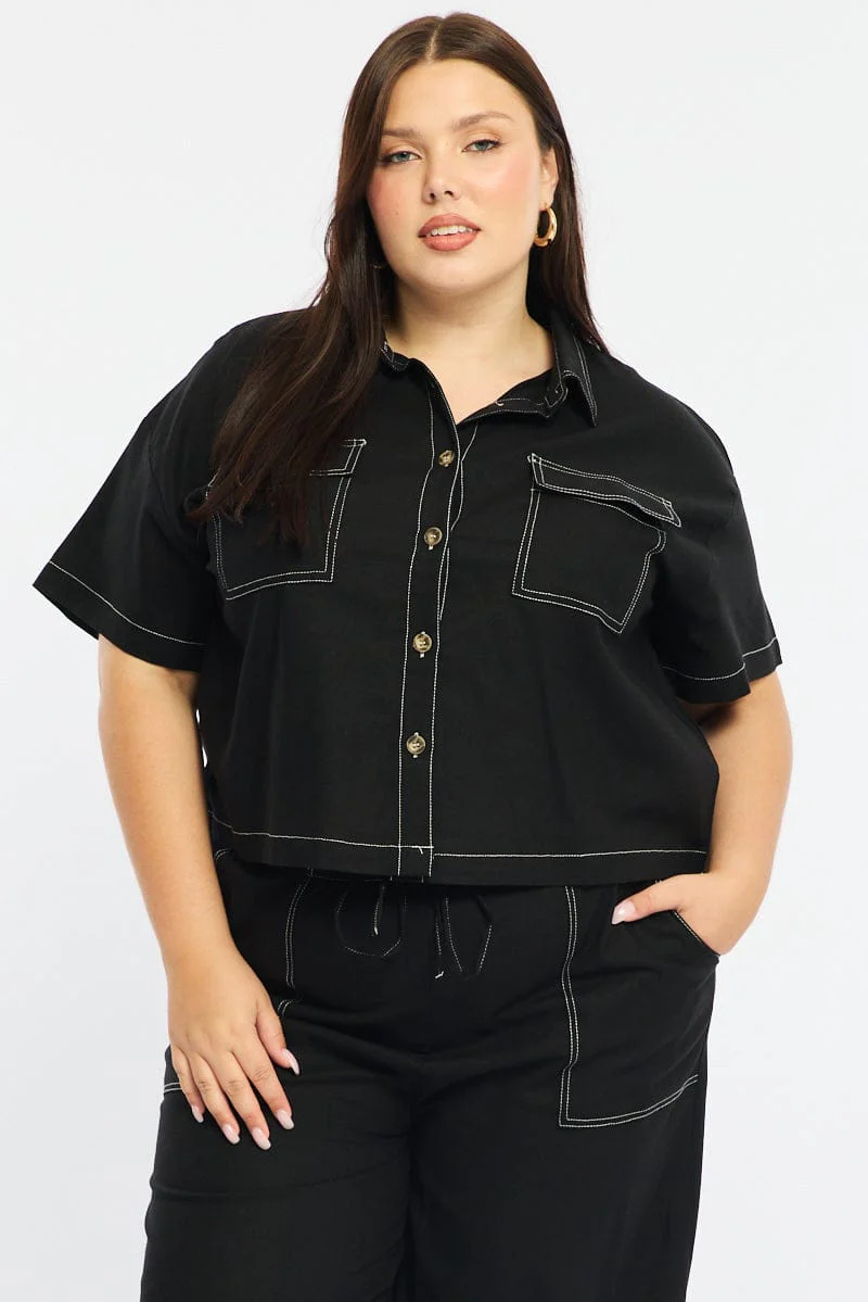 Black Cropped Shirt Short Sleeve Contrast Stitch